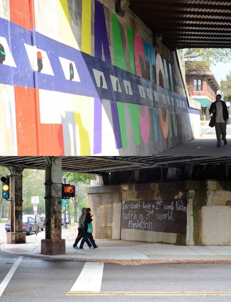 The viaduct at the intersection of Green Bay Road and Central Street after being painted by students (top). A graffitied viaduct pictured in the Fall of 2011 (below).