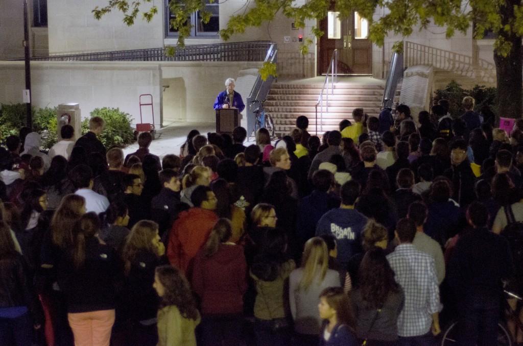 University Chaplain Timothy Stevens speaks to students and faculty at a vigil on Sept. 27. The vigil was planned before the press conference was announced.. 
