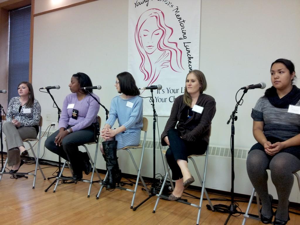 Panelists Jessica Gorman, Grace Carmichael, Dena Shibib, Christine Newton and Darlene Reyes speak to Evanston young women about health, friends, college and living well at the Young Womens Mentoring Luncheon at the Lorraine H. Morton Civic Center.