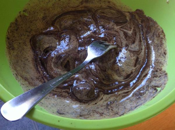 After pouring the pumpkin cream mixture over the chocolate, stir until fully incorporated.