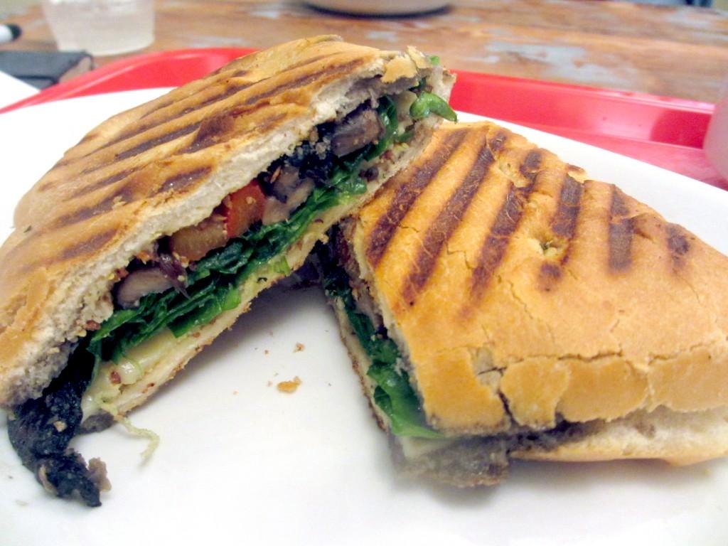 The Portabella and Harvati Ciabatta Panini. This hearty vegetarian sandwich at Prana Cafe is slathered with stone ground Dijon mustard.