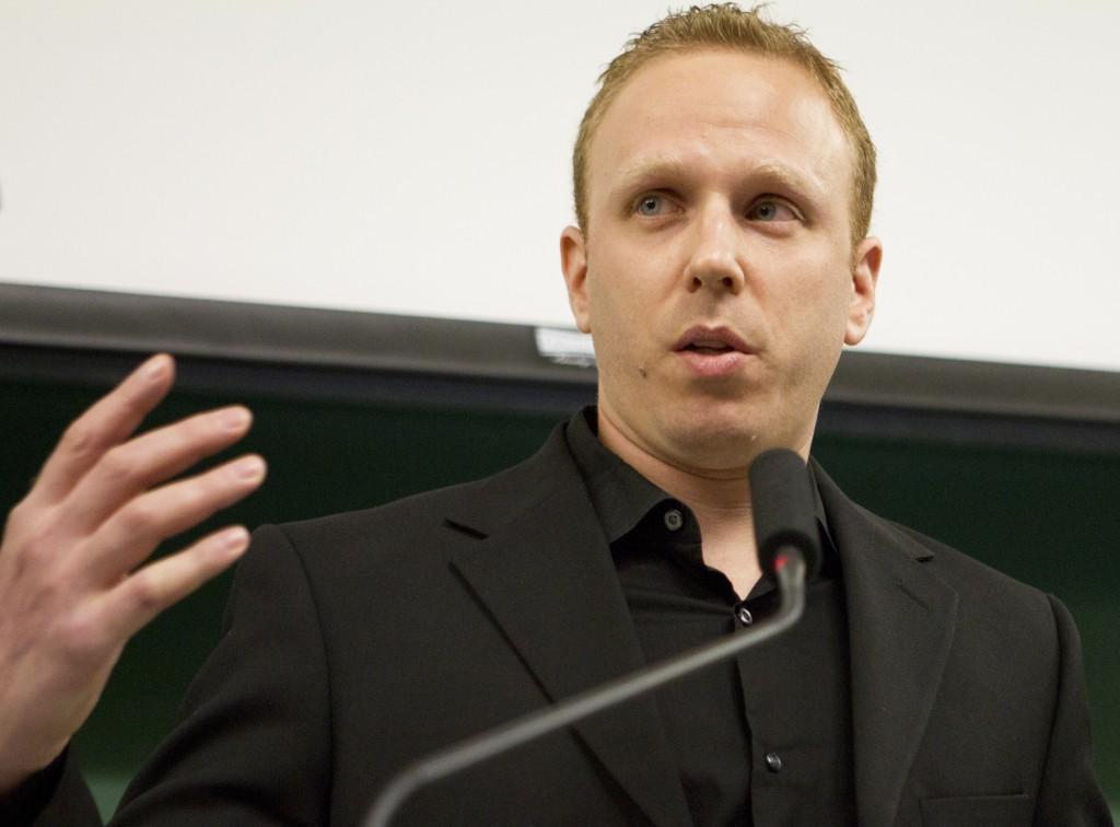 Journalist and author Max Blumenthal speaks Monday night in Swift Hall on Sanitizing Apartheid: Exposing the Israeli Peace Camp, an event sponsored by Northwestern Students for Justice in Palestine. Blumenthal focused his talk on what he called the four myths of Zionism. 