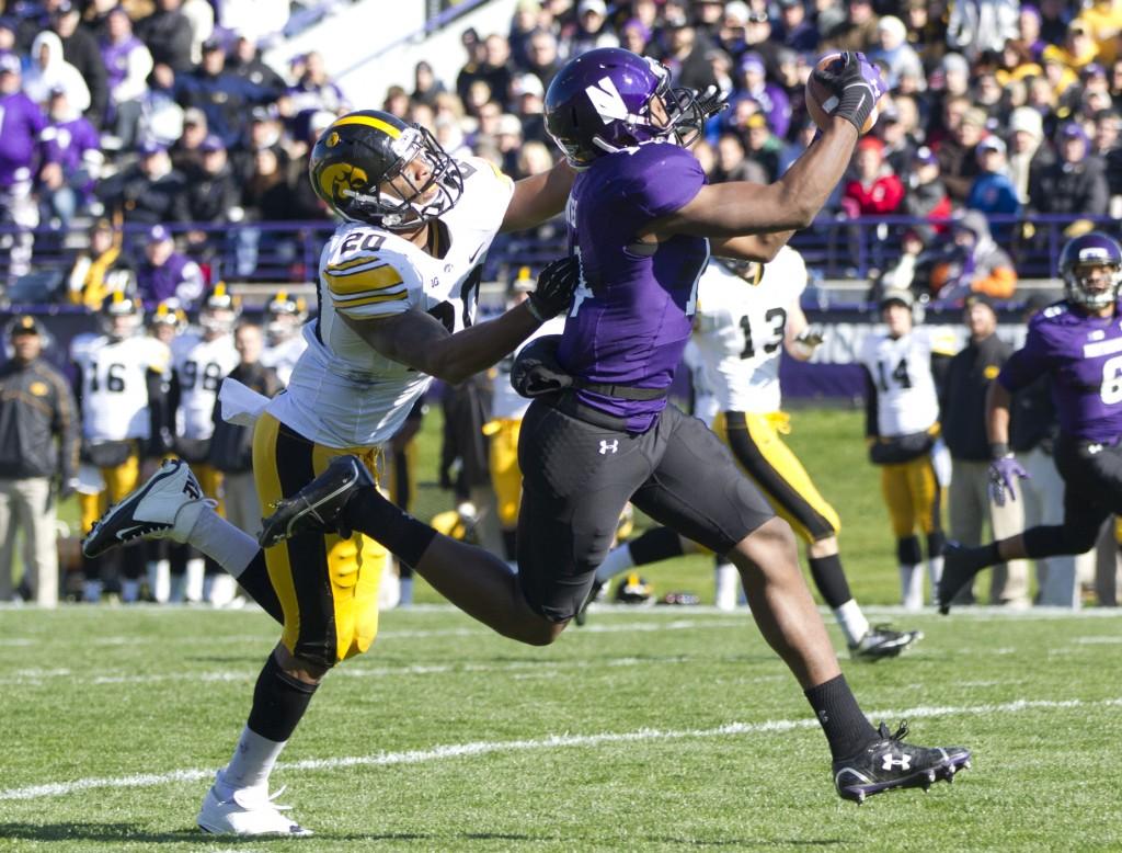 Northwestern wide receiver Christian Jones catches a touchdown pass in Saturdays game against Iowa. The reception went for 47 yards and was Jones only catch of the day. 