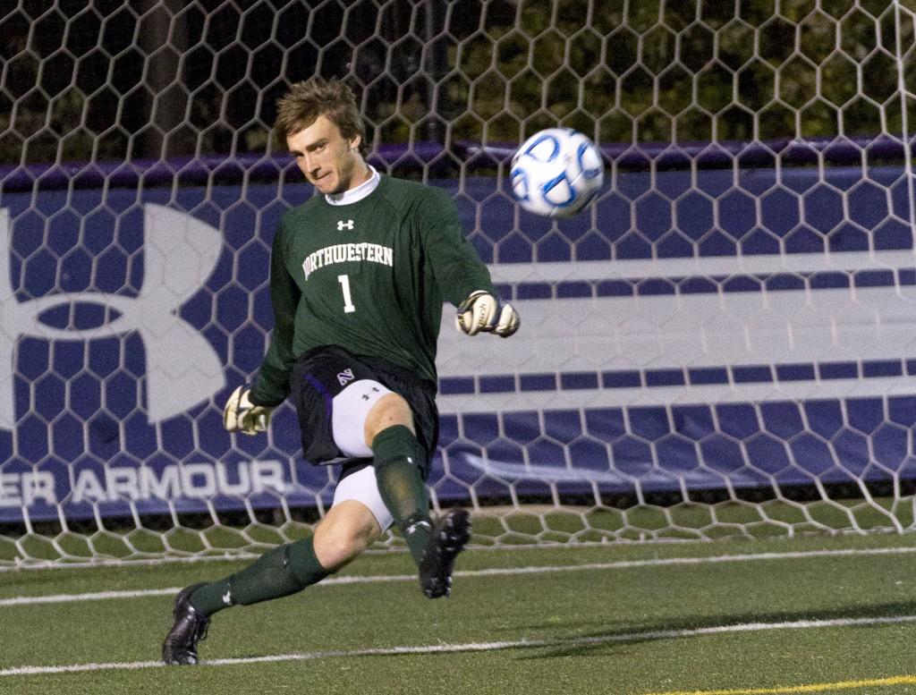 Northwestern goalie Tyler Miller clears the ball at a home game. Miller and NU’s defensive line have been key to the Wildcats’ overall success.