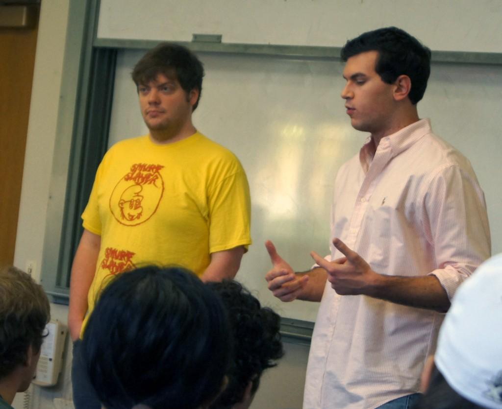 Weinberg senior Tim White (left) and Medill senior Matthew Hays (right) introduce improv group No Fun Mud Piranhas’ goals for the coming year at a recent meeting. White and Hays are reviving a group that both David Schwimmer and Stephen Colbert participated in during their time at Northwestern. 