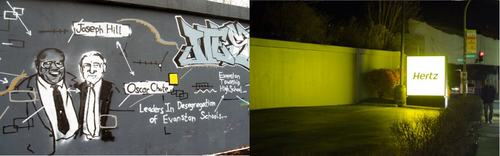 Left: The mural depicting the history of Evanston, composed by an ETHS graduate, pictured in 2009, before the re-painting. Right: A man walks past the newly painted walls near the Hertz rent-a-car business. The Green Bay Road mural was painted over by a landlord who mistook it for graffiti.