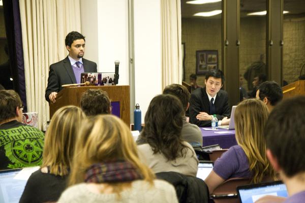 Ani Ajith, ASG speaker (left), and Victor Shao, ASG president, answer questions from the senators. During Wednesdays meeting, senators proposed five new pieces of legislation and passed one bill.