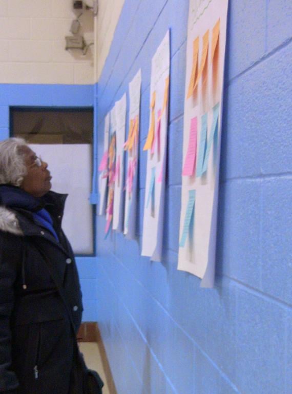 Evanston resident Priscilla Giles looks at comments concerning participants concerns about existence of racial tension in city institutions in the third dialogue on race the city has hosted.
