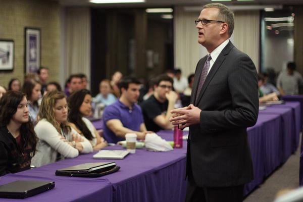 New Dean of Students Todd Adams fields questions at Wednesday’s meeting of the Associated Student Government Senate. Adams joined Northwestern in early February.