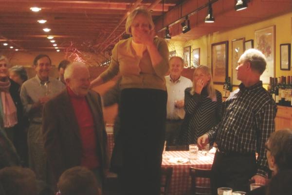 After winning the 1st Ward race Tuesday night, Ald. Judy Fiske celebrated with supporters at Daves Italian Kitchen.