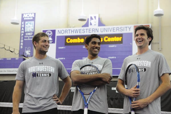 From left, seniors Spencer Wolf, Sidarth Balaji  and Chris Jackman square off against Illinois at the Big Ten Tournament on Friday in one of the final matches of their careers. Were pretty much each others closest group of friends, Wolf said. Thats probably the biggest thing that were losing after this year.