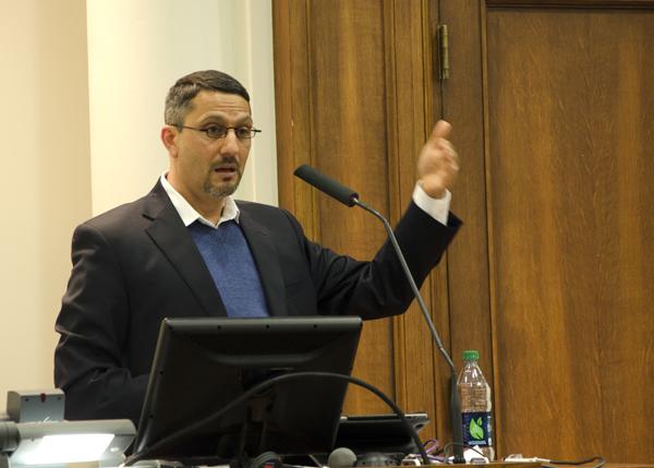 Hatem Bazian speaks Thursday evening about racism and discrimination at a Muslim-cultural Student Association event held in Harris Hall.