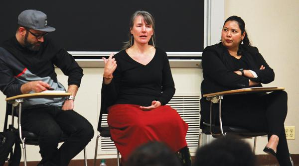 Kevin Coval, Lisa Wagner-Carollo, and Lauren Pacheco speak Tuesday evening in Fisk Hall about their work in uniting art with social justice. Coval is a poet, Wagner-Carollo is the founder of Still Point Theater Collective and Pacheco works in Chicago to diversify the arts community.