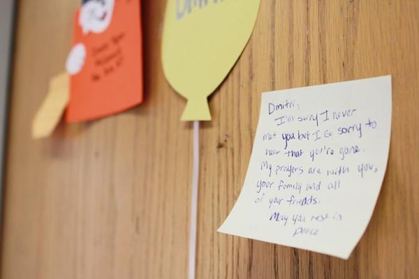 Students have left Post-It notes with condolences on the door of McCormick sophomore Dmitri Teplov. Teplov, 20, was found dead Sunday morning in Pancoe Hall.