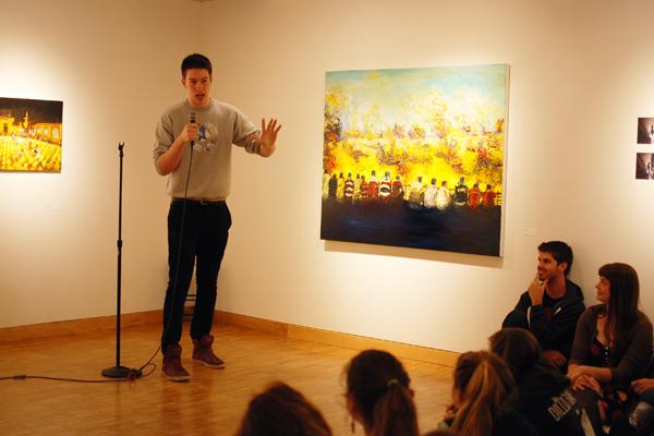 Weinberg freshman Clayton Reynolds recalls his experiences in rural Nebraska during a Mayfest event Sunday evening. Four other students also shared stories at The THREAD, one of several events Mayfest has organized in the lead-up to Dillo Day.