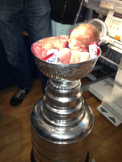 A 5-day-old baby was placed in the Stanley Cup when it visited Evanston Hospital on Tuesday afternoon. The silver trophy stopped by the pediatric wing and and special infant care unit at the hospital, 2650 Ridge Ave.