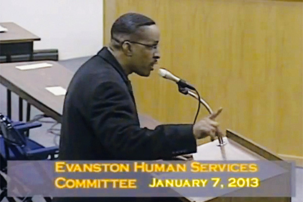 John Bamberg, whose 23-year-old son was shot and killed last year, addresses an Evanston City Council committee in January. Bamberg is suing the city and its fire and police departments, alleging they did not arrive timely after his son was shot.
