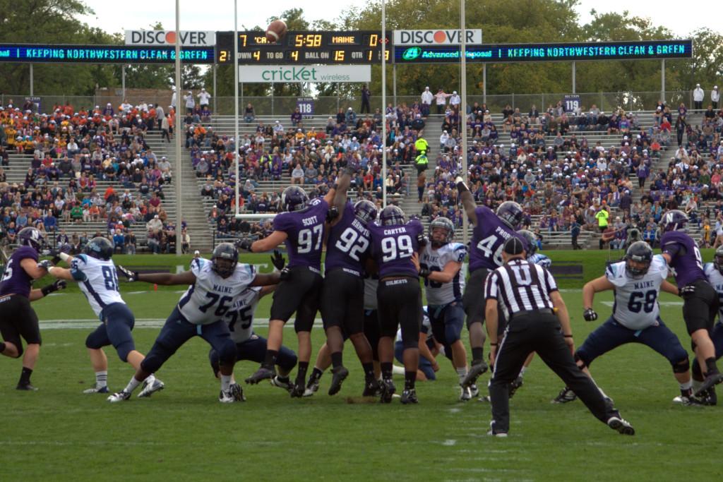 Northwesterns defense blocked Maines first field goal attempt Saturday. It was the first time the Wildcats have blocked a field goal this season and in almost two years, the last time being against Michigan on October 8, 2011.
