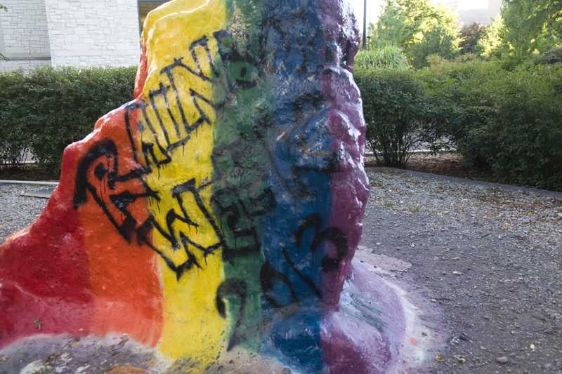 Organizers of Rainbow Week painted the rock Sunday. The group’s programming is designed to integrate freshmen into Northwesterns LGBTQ community.
