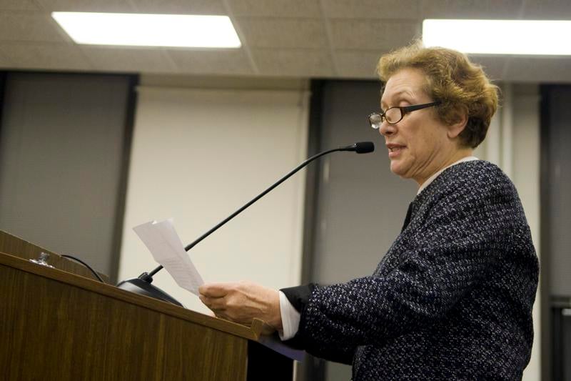 Evanston Township Assessor Bonnie Wilson speaks against dissolving the township at the special town board meeting Monday. The meeting was called in light of the recent resignation of township supervisor Gary Gaspard.