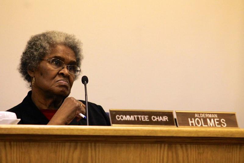 Ald. Delores Holmes (5th) listens Monday night as the Evanston Human Services Committee discusses student safety at Evanston Township High School, 1600 Dodge Ave.  The panel informally agreed to table a proposed expansion of a so-called “safe school zone” around ETHS.
