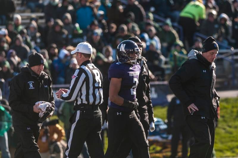 Quarterback Kain Colter walks off the field early in the first quarter against Michigan State. The senior didn’t return to the game. On Monday coach Pat Fitzgerald said Colter is day-to-day as the Wildcats look to play Illinois this weekend.
