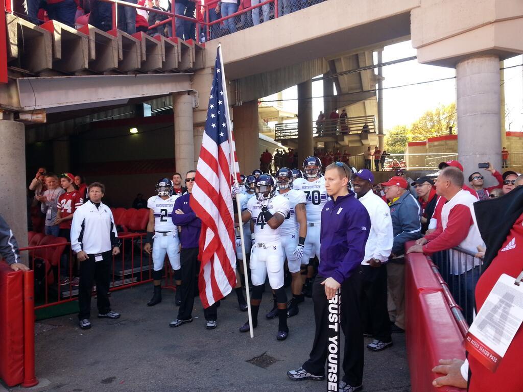 Northwestern prepares to enter Memorial Stadium before its game against Nebraska. The Wildcats lead the Cornhuskers 21-14 at halftime behind three touchdowns from junior running back Treyvon Green.