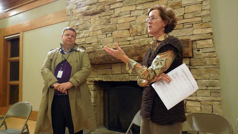 Ald. Jane Grover and city manager Wally Bobkiewicz address Evanston residents during a 7th Ward meeting Thursday night. Grover holds the meeting every few months.