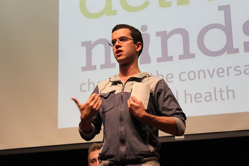 Matt Multach speaks at a discussion hosted by NU Active Minds and the Northwestern Undergraduate Psychology Association. The Weinberg senior was one of four students who shared his experience with mental illness at a panel discussion Wednesday night.
