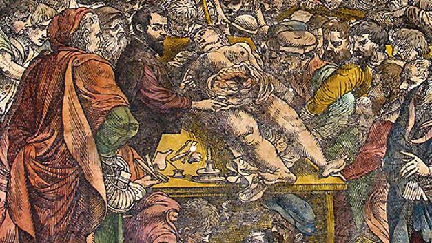 Andreas Vesalius performs a human dissection. Two Northwestern emeriti professors recently completed a translation of Vesalius’ revolutionary work into English.