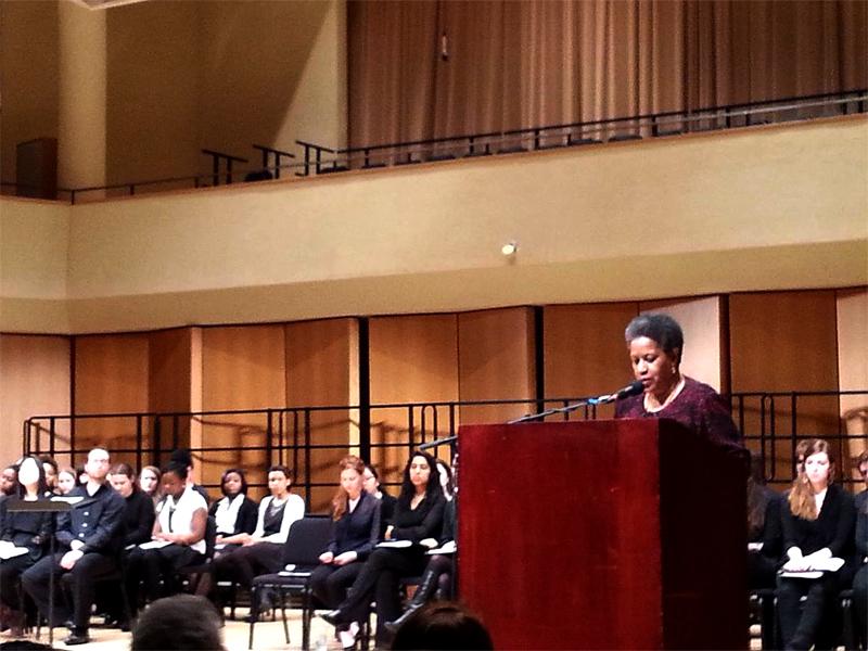 Myrlie Evers-Williams delivers the concluding keynote address for Northwestern’s Martin Luther King Jr. Day celebration Monday evening. Evers-Williams is a civil rights activist and former chairperson of the National Association for the Advancement of Colored People.