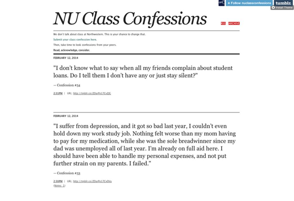 Northwestern Quest Scholars set up a website Wednesday where students can anonymously submit confessions about socioeconomic status. Students’ confessions will be on display in Norris from Feb. 17–22 in an attempt to encourage discussion about class at NU.