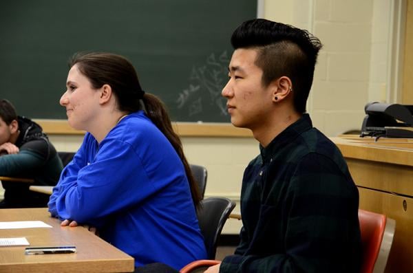 Weinberg sophomores Hannah Merens and Bo Suh moderate an open table discussion Monday night on being LGBT in the greek community at Northwestern. The discussion took place in Kresge Hall and focused on improving inclusivity.