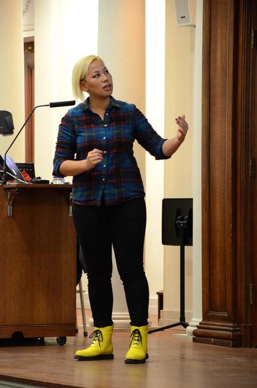 Lisa Lee, former publisher of Hyphen magazine, gives the keynote presentation for Northwestern’s Body Acceptance Week in Harris Hall Monday night. Lee talked about creating ThickDumplingSkin.com, an online forum for discussing eating disorders and body image issues in the Asian-American community.
