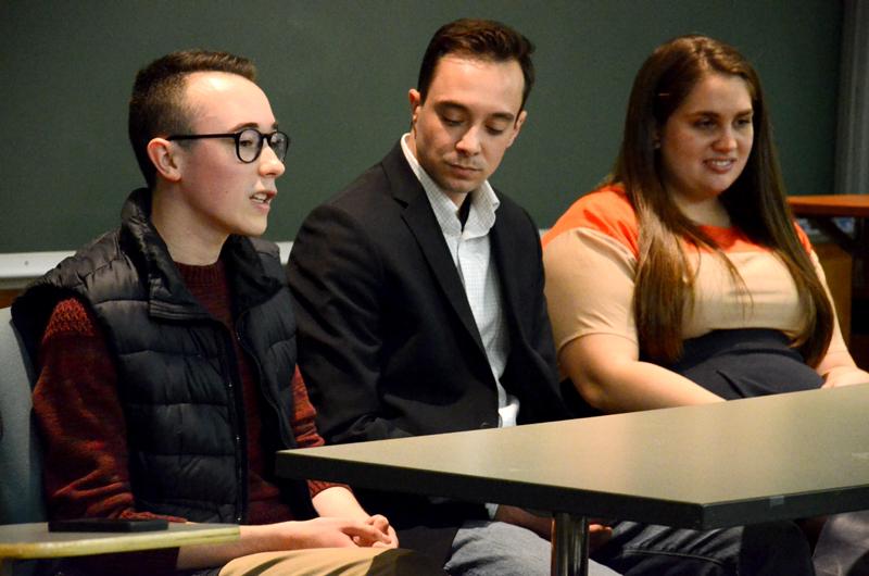 Medill sophomore Ryan Daggs talks about his experiences with Mormonism at the Book of Mormon Northwestern Panel Wednesday night in Annenberg Hall. Gordon Demery, a graduate student at The Chicago School of Professional Psychology, and Weinberg senior Marisa Prasse also served as panelists.
