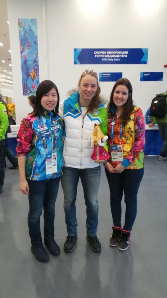 Weinberg freshman Annalie Jiang (left) poses with Slovenian skier Tina Maze. Jiang spent four weeks working as a translator at the Sochi Winter Olympics.