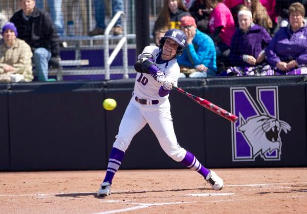 Junior utility woman Andrea DiPrima smacks a run in at home. DiPrima credits NU’s chemistry and teamwork as large assets in NU’s 10-1 win on Saturday against UC Santa Barbara.