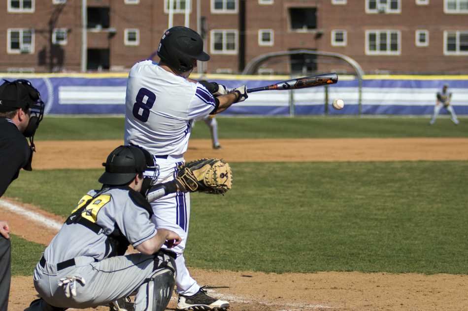 Nick Linne connects on a pitch. The senior third baseman committed two errors in the field but also picked up two hits at the plate.
