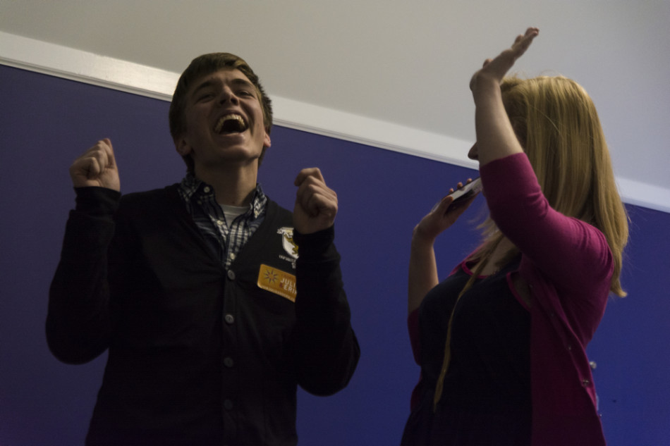 Weinberg juniors Julia Watson and Erik Zorn celebrate after learning they had won the election to serve as Associated Student Governments president and executive vice president for the 2014-15 school year. Watson and Zorn defeated fellow Weinberg juniors Alex Deitchman and Ronak Patel to win the election, which was held Wednesday.