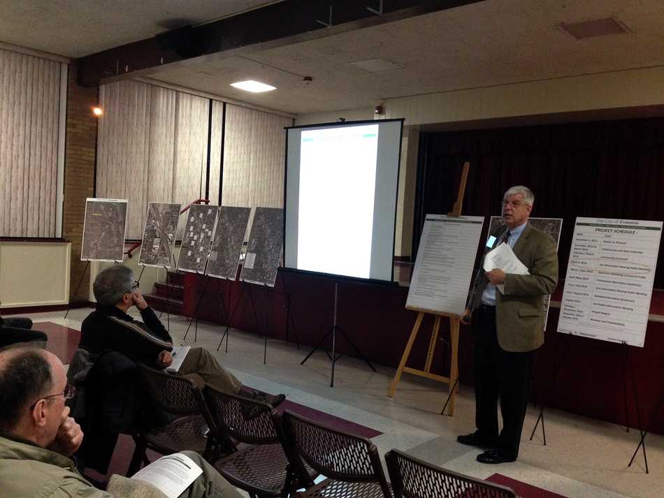 ESI Consultants president Joseph Chiczewski gives a presentation Wednesday at the Fleetwood-Jourdain Community Center about concerns regarding the intersection of Green Bay Road, Emerson Street and Ridge Avenue. Chiczewski’s firm is leading the investigation into possible upgrades to the intersection.