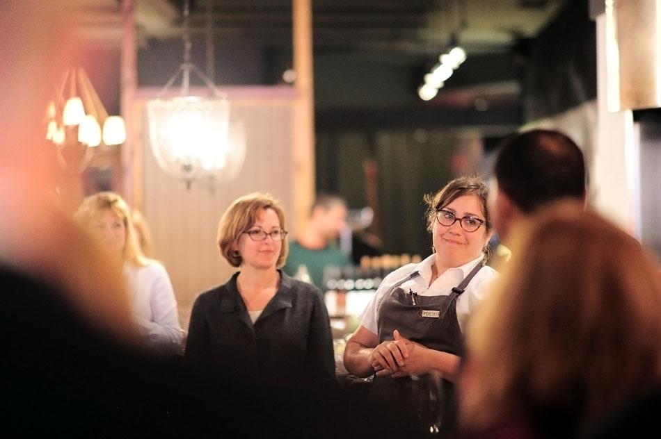 Kate Maehr, the CEO of Greater Chicago Food Depository, and chef Nicole Pederson speak to attendees Monday at Found Kitchen and Social House’s “Most Needed” Dinner. The benefit, a joint effort between the restaurant and the nonprofit, featured a four-course meal.