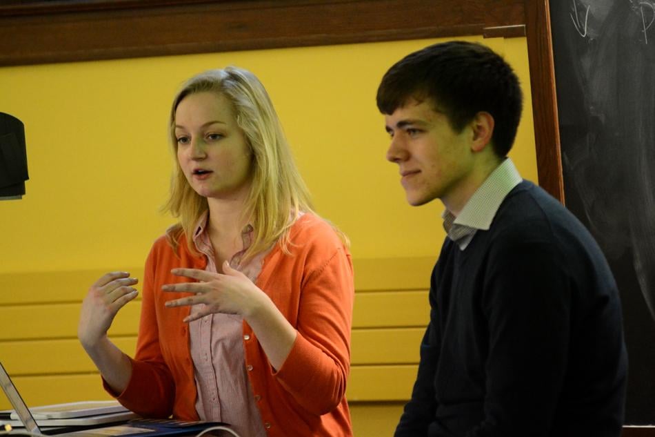 Weinberg juniors Julia Watson and Erik Zorn give a presentation outlining their campaign platform. The ASG candidates held a meeting with several dozen supporters in attendance Thursday evening.
