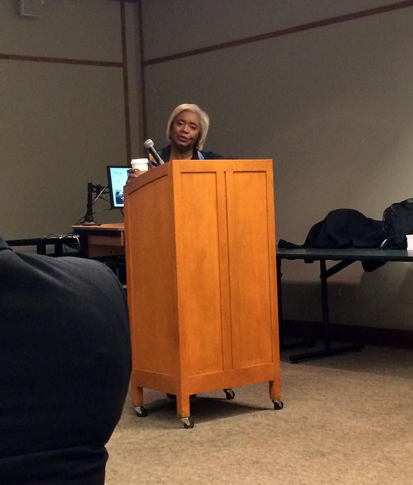 Darlene Clark Hine, professor of African American studies and history, gives a talk on her book “The Black Chicago Renaissance”  at Evanston Public Library on Thursday evening. Hine discussed a Chicago cultural movement in the 20th century that rivaled the Harlem Renaissance in significance.