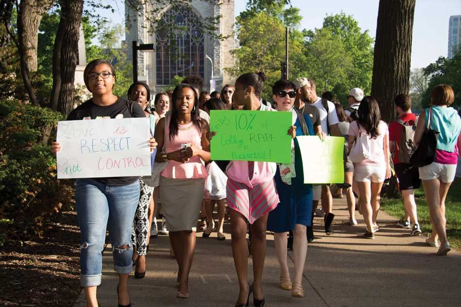 Members+of+Alpha+Kappa+Alpha+organized+a+march+Wednesday+for+sexual+assault+awareness.+Many+participants%2C+including+some+male+students%2C+wore+heels+during+the+event%2C+%E2%80%9CWalk+a+Mile+in+Her+Shoes.%E2%80%9D