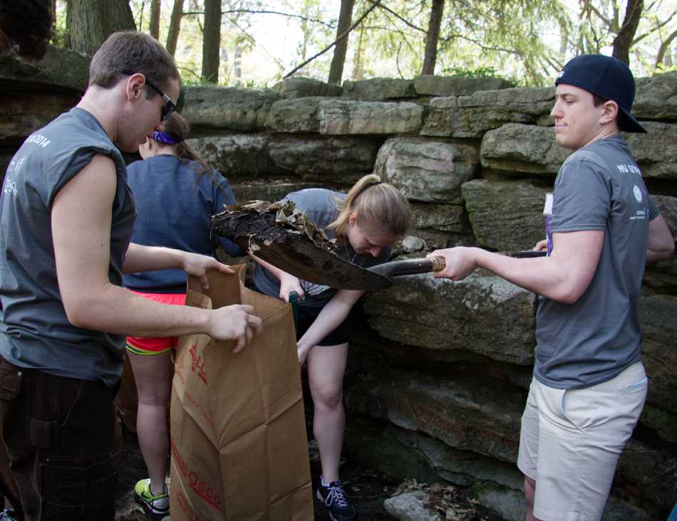 Sophomore Christian Jacobson helps while freshman Daniel Sosnovsky collects leaves Saturday at the Evanston Ecology Center. About 400 students volunteered at various sites for the day of service.
