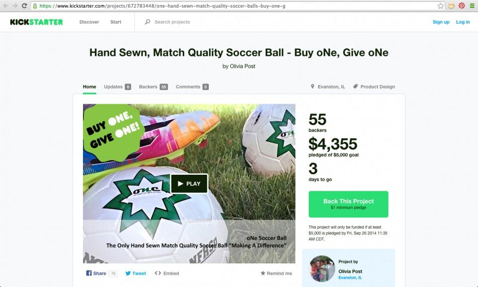 Evanston+Township+High+School+student+Olivia+Post+started+a+kickstarter+campaign+for+the+oNe+Soccer+Ball+initiative.+The+organization+provides+soccer+balls+to+deserving+children+and+teams+around+the+world.