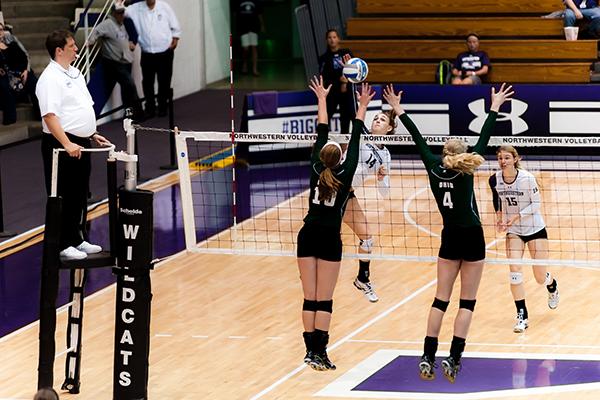 Senior Katie Dutchman slams the ball over the net in Northwestern’s Thursday night match with Ohio. Dutchman hopes to carry the Wildcats to the NCAA Tournament, after the team just missed out last year.