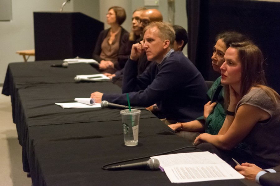 Members of the Weinberg dean search committee take questions from the audience during a forum held at the Block Museum on Tuesday evening. The committee members spoke on a variety of topics, including how to foster a sense of community among Weinberg students.