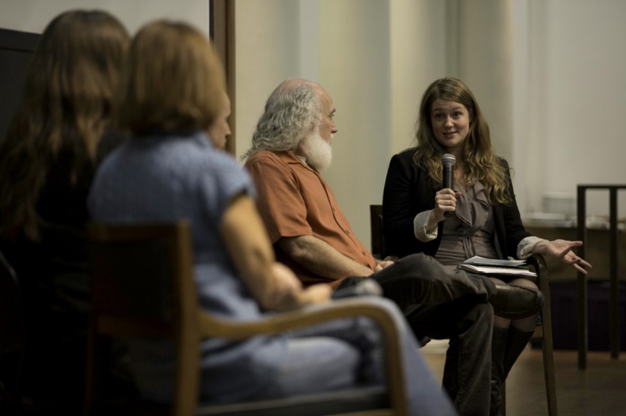 Eloise Karlatiras, president and CEO of the Green Chicago Restaurant Coalition, moderates a discussion in Harris Hall on Wednesday night. As part of NU Sustainable Food Talks, panelists talked about the challenges restaurants face in going “green.”