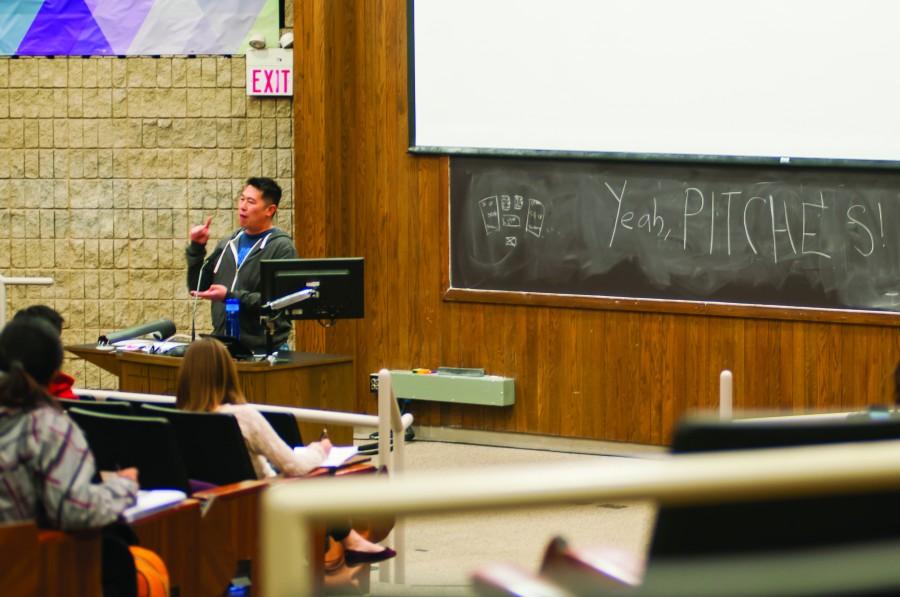 A Northwestern student speaks to an audience of student entrepreneurs. NU EPIC and Kellogg School of Management’s Entrepreneurship Club hosted an event for students to pitch startup ideas and network.